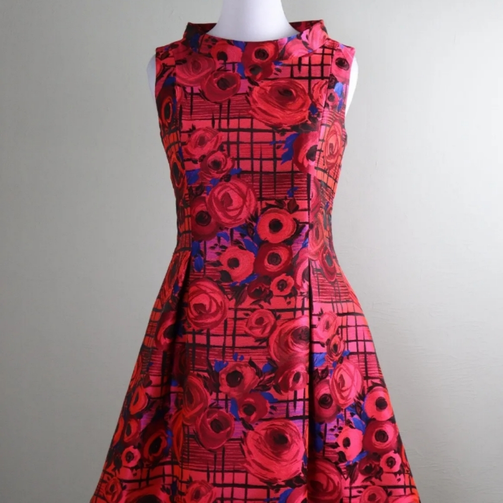 Sara Campbell Red and Blue Floral Fit-and-Flare Midi Dress